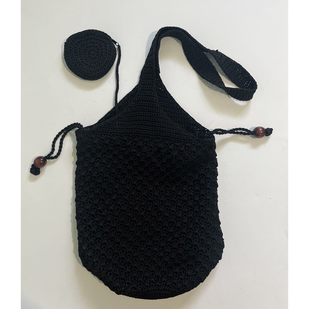 Black Drawstring Wood Beads Purse Knapsack Attached Coin Purse Boho Hippie